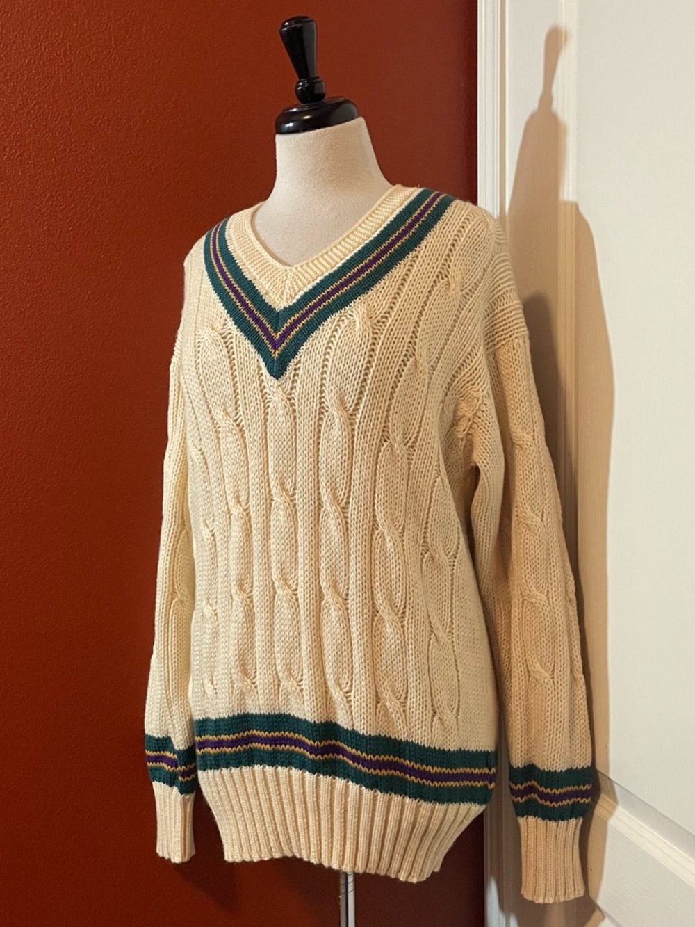 Allez Men’s Vintage Cricket Cable Knit V Neck Striped Trim Retro Tennis Sweater